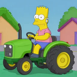 A cyclops riding a tractor listening to AirPods in the style of the Simpsons