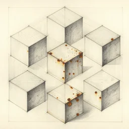 very primitive sketch with water spot escher style pattern of 3 6 0 panorama, three point perspective cubes with the texture of old rust and trash