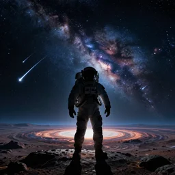astronaut silhouette, on beautiful alien world, comets shooting by, black hole nebula in background starfield, style of Tyler Edlin