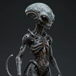 Tall grey alien creature,  dramatic lighting, very detailed, electrical details, high details, 4k, 8k, trending on artstation, by Hajime Sorayama and Paolo Eleuteri Serpieri