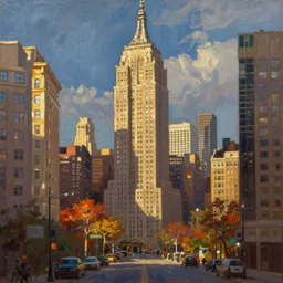 New York City in the fall, sun reflecting off of the buildings, painting by Thomas Kinkade