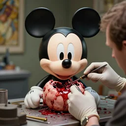 mickey mouse open bloody head being repaired by mechanics, made by beeple, greg rutkowski,, alphonse mucha. cgsociety, unreal engine, octane render, highly detailed 4 k art, smooth, sharp focus, cinematic lighting, volumetric lighting, artstation,