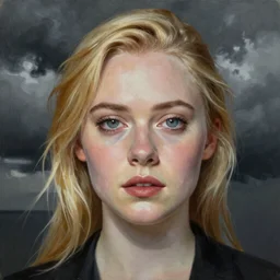 professional painting of Elle Fanning in the style of Ilya Kuvshinov, head and shoulders portrait, symmetrical facial features, smooth, sharp focus, illustration, intricate, stormy weather, extremely detailed masterpiece,