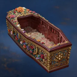 an elaborate empty floating coffin adorned with flowers, evening, fantasy, regal, intricate, detailed matte painting by alan lee