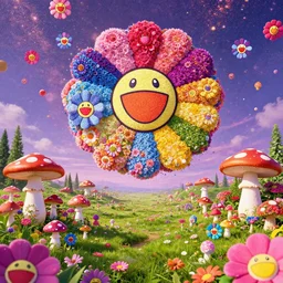 Floral psychedelic apocalypse caused by the crashing of the Murakami flower meteor in the peaceful village of mushrooms, unreal engine 5 render, art by Takashi Murakami, Meteor made out of Murakami flowers, tiny mushroom village