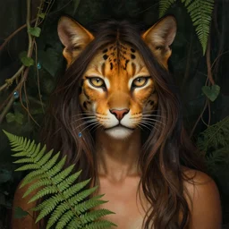 detailed portrait in femininity, shaman, feline, realistic face chiseled features, specular eyes, ethnic, statuesque model, natural skin, lush hair, warm glow, subsurface scattering, jewel, fern, chiaroscuro, organic impressionism, vine backdrop, deep rich color, digital illustration