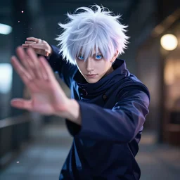 gojo satoru cosplay, tom holland in jujutsu kaisen as gojo satoru movie still, cinematic lighting, ray tracing, octane render, post processing, shallow depth of field, bokeh, particle effects, 8 k, hyper detailed, dramatic power up moment