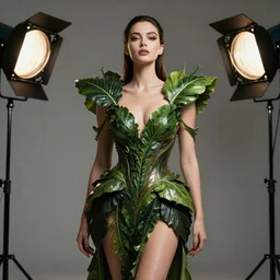 beautifull cyberpunk woman model, wearing sexy organic leaves outfit, luxury materials, symmetrical, cinematic, elegant, professional studio light, real dlsr photography, sharp focus, 4 k, ultra hd, sense of awe, high fashion
