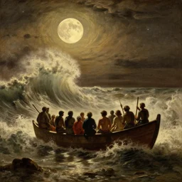 illegal immigrant group inpneumatic boat sea big storm, moon light, huge waves, starry night, by rembrandt and gutav dore, painting, volumetric light, warm color palette, uplight, illegal immigration, boat people