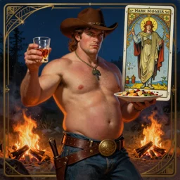a dramatic, epic, ethereal painting of a handsome! mischievous thicc shirtless cowboy with a beer belly wearing a large belt and offering food and whiskey | background is a late night campfire |  tarot card, art deco, art nouveau | by Mark Maggiori | trending on artstation