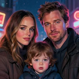 winter, family, colin farrell with jessica alba, with a kid, neon light, detailed faces, highly detailed, 4 k, painted by thomas coler