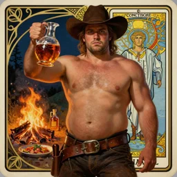 a dramatic, epic, ethereal painting of a handsome thicc shirtless cowboy beer belly wearing a leather belt offering a jug | background is a late night campfire with food and jugs of  whisky | tarot!! card, art deco, art nouveau, homoeroticism, detailed face | by Mark Maggiori | trending on artstation