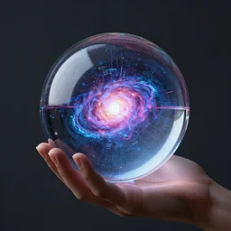 A hand holding a glass ball containing the universe, cyberpunk, digital art, artstation, 4k