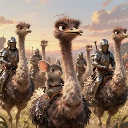 dungeons and dragons fantasy painting, ostrich cavalry, mice knights, hun mice riding ostriches, whimsical and cute, determined expressions, watery eyes, anime inspired, brown fur, tufty whiskers, steel blades, dawn lighting, by brain froud jessica rossier and greg rutkowski