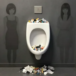 full view, from a distance, of anthropomorphic urinal, full of trash, style of yoshii chie and hikari shimoda and martine johanna, highly detailed