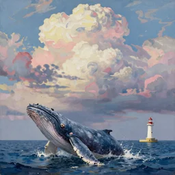 whale, sea, lighthouse, cloud, oil painting, macaron color intricate, wide view, by danton fadeev