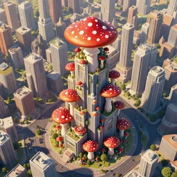a magnificent mushroom skyscraper in a solarpunk city, red and white spotted mushroom, isometric aerial view, epic sense of scale, digital art by beeple, trending on artstation