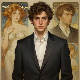 handsome young man, plain suit, gaunt, curly brown hair ， highly detailed, digital painting, artstation, concept art, smooth, sharp focus, illustration, art by krenz cushart and artem demura and alphonse mucha and tony sandoval
