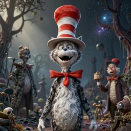 complex 3 d render, hyper detailed, ultra sharp, of the cat in the hat, scary, cosmic horror, cinematic, natural soft light, rim light, art by greg rutkowski and artgerm and norman rockwell, dr seuss