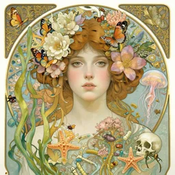 hyperrealistic detailed portrait of a girl, with flowers, butterflies, corals, sea kelp, sea plants, starfish, jellyfish, bacteria, skulls, beetles, golden filigree, art by ernst haeckel, john william godward, hammershøi, alphons mucha, pontormo, ornamental, decorative, art nouveau, lights by hopper, pastel colours,
