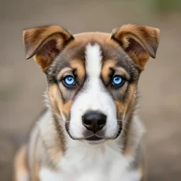 a puppy, husky, german shepherd, pit bull mix, blue eyes, caramel brown ears, symmetrical, vertical broad white stripe on face, realistic, cute, beautiful, detailed by Goro Fujita