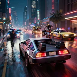 photo of the back to the future battle combat machine gun delorean being chased by police on wet cyberpunk city streets at night, rocket league tank, mad max, action, speed, volumetric lighting, hdr, gta 5, makoto shinkai, syd mead, craig mullins, james cameron, cinematic, fast and furious, octane, 8 k, iso 1 0 0, 1 2 mm