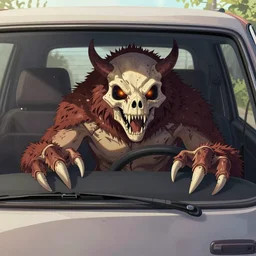 illustration of the deathclaw monster inside the car