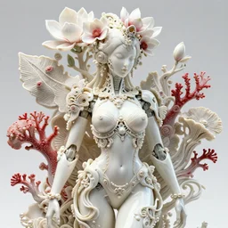 intricate hyper detailed ultra sharp focus 3 d render of a beautiful porcelain ivory fair seductive woman medium shot portrait, close - up, bright 3 point light, alexandre ferra georg loschner white mecha, cyberpunk mechanical haute couture huge fractal mycelum and fungi, red corals, huge magnolia goliath head ornaments, big embroidered leaves filigree sinuous roots, pearls, octane render, volumetric cinematic lighting, 8 k, vray tracing
