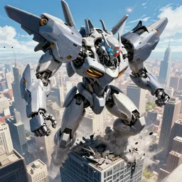 a big mech smashing a skyscraper, anime, hyperrealistic