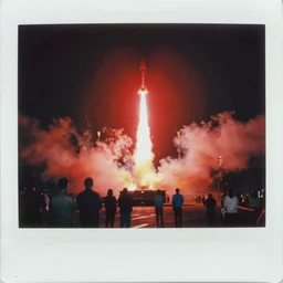 aged polaroid photo of a bright red missile launch, wide view, film grain, red color bleed, onlookers watching