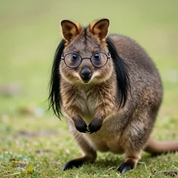 a quokka with long black hair and glasses