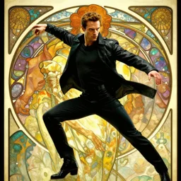 fast fit good looking man in bullet time, action pose, like matrix, cyberpunk, photorealistic, highly detailed, masterpiece, by alphonse mucha