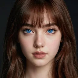 blue eyed big brown brows long lashes sharp jawline high cheekbones straight nose small lips brown hair long bangs white girl