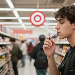 young people smoking inside a target superstore, bokeh,