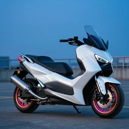 photo of tmax concept maxi scooter, solarpunk, white pearl matte paintjob, tuning award, big chrome exhaust, blue hour, colorful rims, 8 5 mm, f / 1. 3