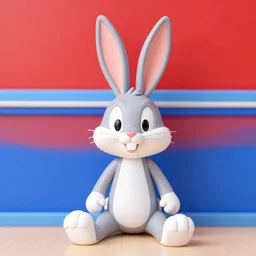 photo of a bugs bunny toy sitting infront of a red wall with blue stripes.
