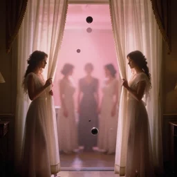 photography of female models behind white curtains in old victorian room, dramatic light, cinestill, flying black marble balls, filmstill, bokeh, long exposure, god rays, magic hour, pink light, warm colors