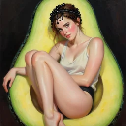 expressive oil painting, of emma watson as an avocado chair, loving seductive look, smooth glowing skin, glistening body, love, adoration, blushing, ornate headpiece of black beads, glamour shot, by yoshitaka amano, by greg rutkowski, by jeremyg lipkinng, by artgerm, digital art, octane render, blouse