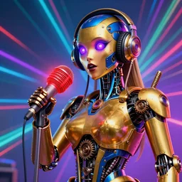 portrait photo of a giant huge golden and blue metal humanoid female steampunk robot singer with headphones and gears and tubes, in the foreground is a big red glowing microphone, eyes are glowing purple lightbulbs, shiny crisp finish, 3 d render, 8 k, insaneley detailed, fluorescent colors, background is multicolored lasershow