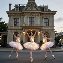 three ballerinas in glowing tutus infront of a victorian building, from far away, 🪴🌷 🌳, lowbrow, in the style of mark ryden and lilia alvarado, 8 k,