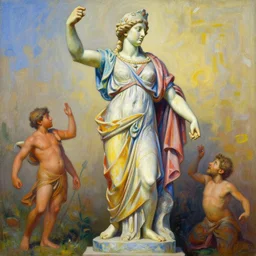 a highly detailed beautiful painting of a colorful greek statue, by gregory manchess, james gurney, james jean
