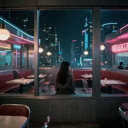 vertical movie frame portrait of girl in 6 0's retro restaurant interior, neon - decorated urban on night in the city seen through the window, modern interior design, architectural design, vintage, night blade runner, dark, postapocalyptic, clean lines, 4 k, octane, asian futuristic city at distance, big windows, octane, wide angle