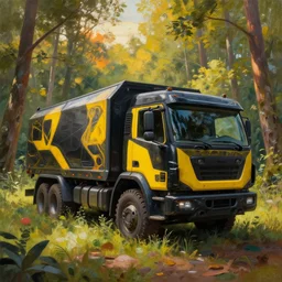 photorealistic painting of abandoned black and yellow futuristic truck in summer forest, brom, sunset, mucha, moebius, craig mullins, juan gimenez artstation cgsociety