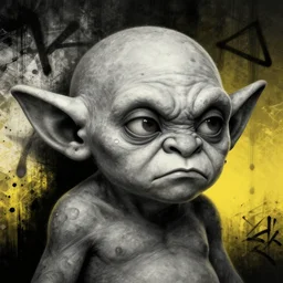 detailed closeup portrait of grey cute goblin looking exhausted, in the style of rob lefield and dan mumford, epic gradient, by atey ghailan, by greg rutkowski, by greg tocchini, by james gilleard, by joe fenton, by kaethe butcher, gradient yellow black, black and white color scheme, grunge aesthetic, graffiti tag