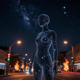 mannequin made of starlight, staring into the infinite void, stars, galaxy, traffic lights, flaming city, lightnight, night time, streetlights, city, cinematic, introspective, photorealistic, volumetric lighting, octane render, clean linework, moody