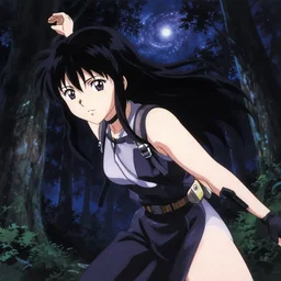 ghost in the shell, anime key visual, young woman traveling in a forest at night, night sky, nebula, very dark, cute face by ilya kuvshinov, yoh yoshinari, dynamic pose, dynamic perspective, rounded eyes, kyoani, smooth facial features, dramatic lighting,