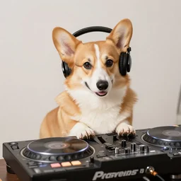 corgi wearing headphones DJing with DJ turntables