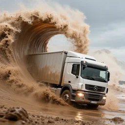 an euro truck driving escaping a tsunami of mud by surfing on the wave of mud, volumetric epic lighting, trending on artstation artwork by pascal campion and anton fadeev