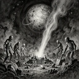 b & w inks of hooped star blotch, gloop, excavating planet grave, by wayne d barlowe, boris vallejo, geof darrow, stefano tamburini, torch light, muted colors, epic, hyper detailed, awe inspiring, award winning horror, hyper realism, cinematic