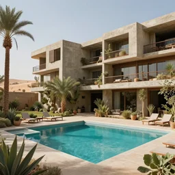 brutalism hotel in the desert, biophilia mood, pool, garden, highly detailed, cinematic, photorealistic, made of concrete and steel